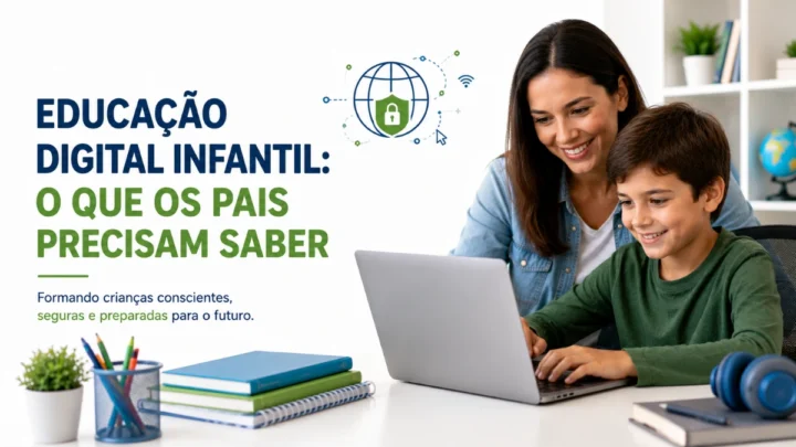 Mãe orientando criança durante atividade de educação digital em notebook.