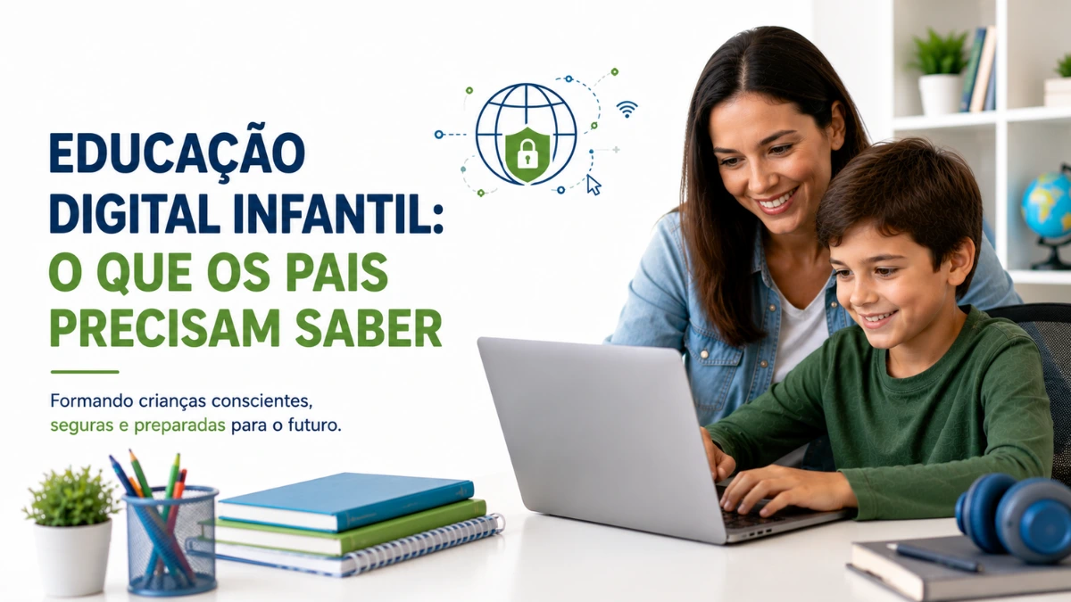 Mãe orientando criança durante atividade de educação digital em notebook.