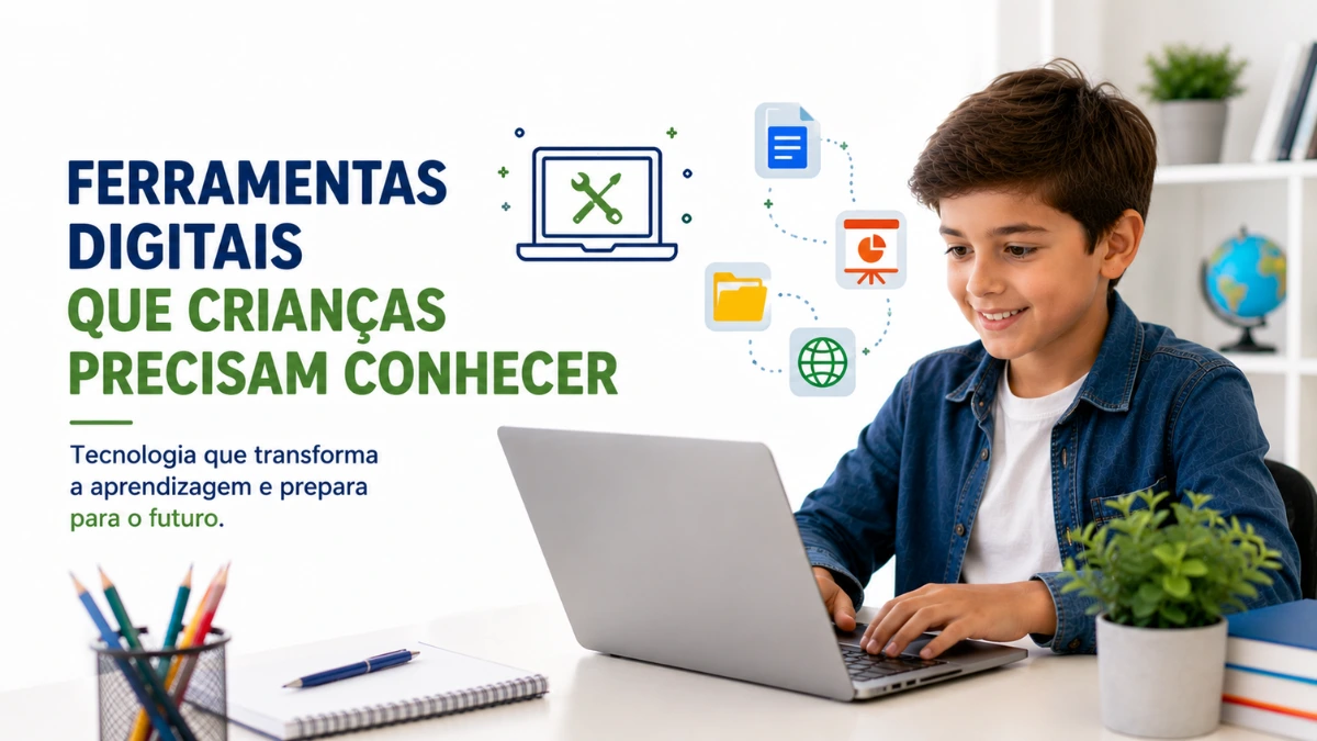 Criança utilizando ferramentas digitais em notebook para aprender.