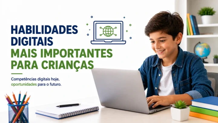 Criança desenvolvendo habilidades digitais em notebook.