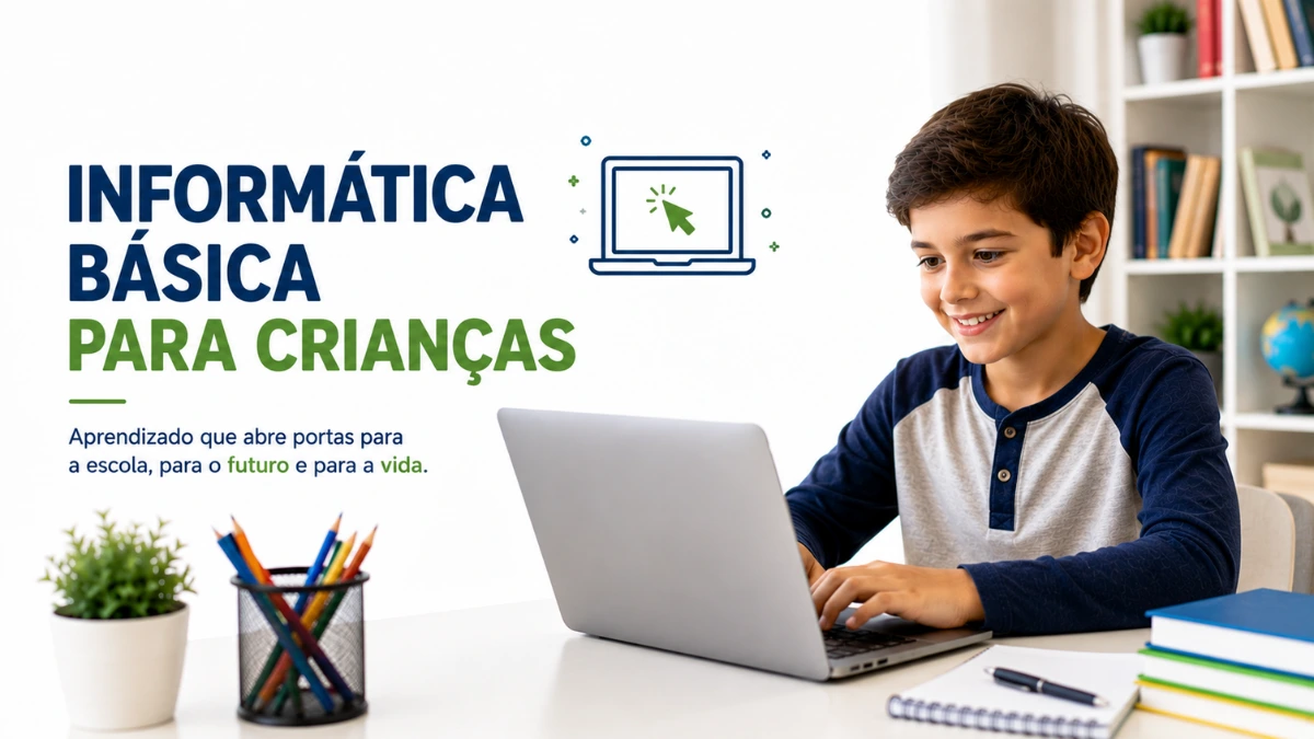 Criança aprendendo informática básica em notebook.