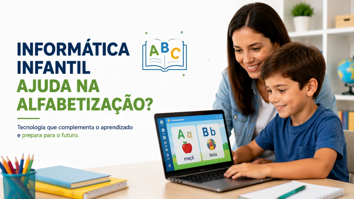 Criança utilizando notebook durante atividade de alfabetização com apoio da informática.
