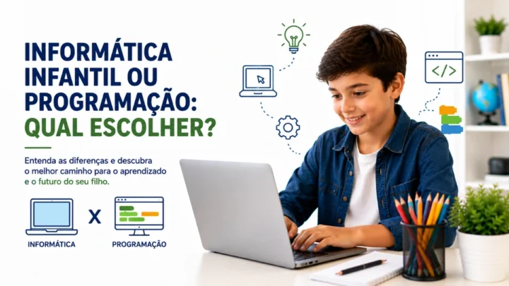 Criança aprendendo informática como base para programação.