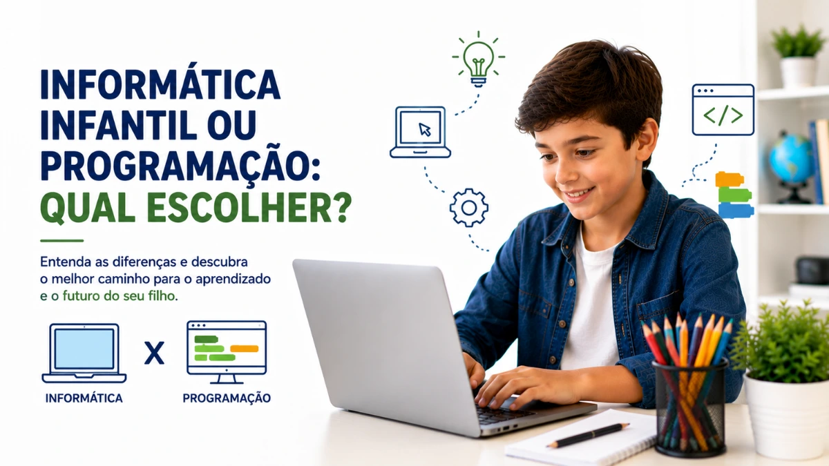 Criança aprendendo informática como base para programação.