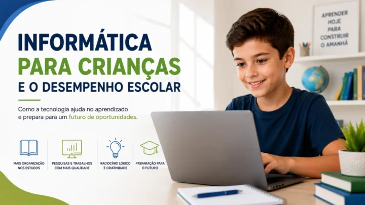 Criança utilizando computador para melhorar o desempenho escolar.