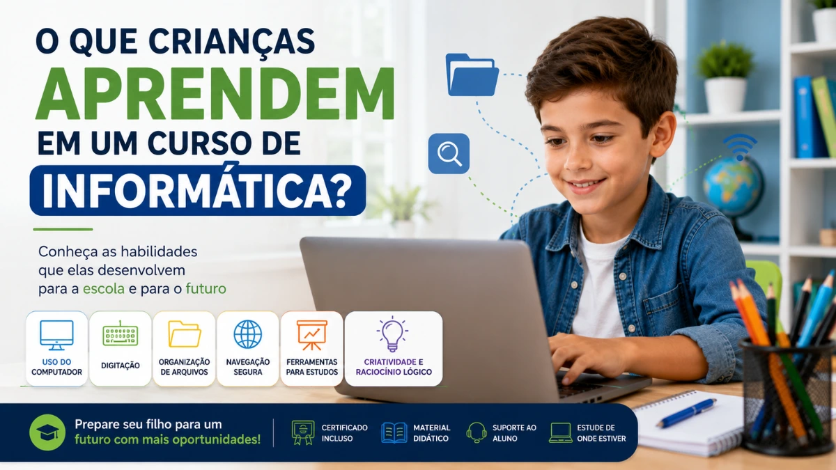 Criança aprendendo informática e desenvolvendo habilidades digitais em um computador.