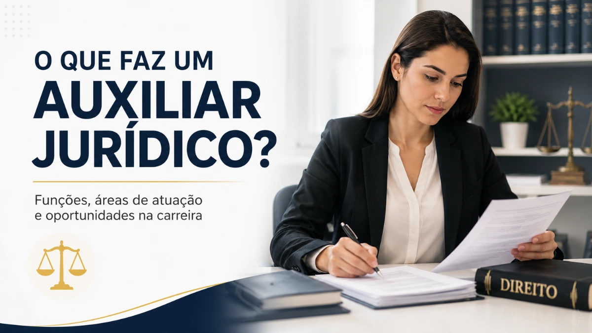 Auxiliar jurídico organizando documentos em escritório de advocacia.
