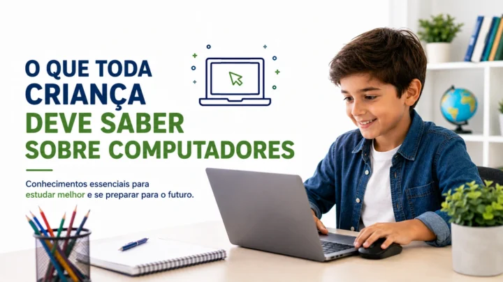 Criança aprendendo conceitos básicos sobre computadores.