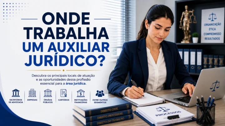 Auxiliar Jurídico trabalhando em escritório moderno