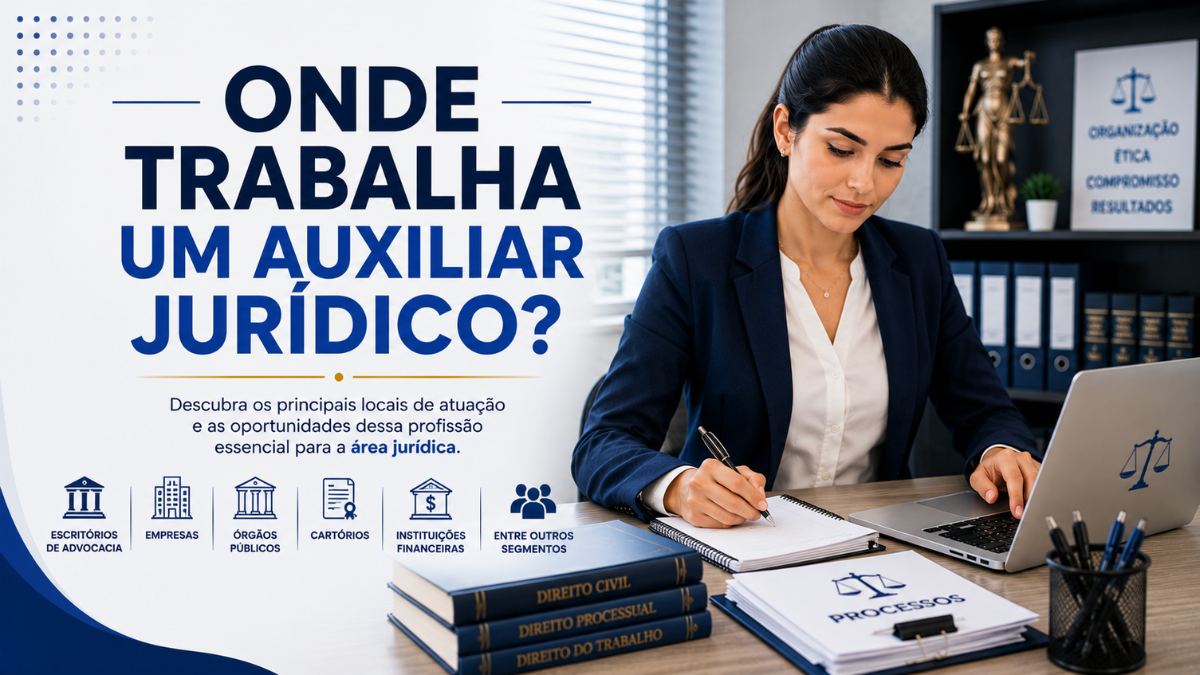 Auxiliar Jurídico trabalhando em escritório moderno