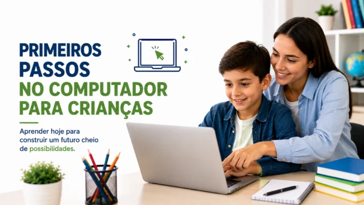 Criança aprendendo a usar o computador pela primeira vez.