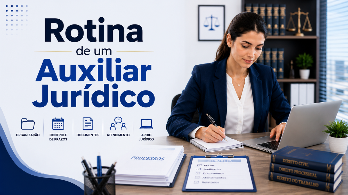 Auxiliar Jurídico realizando atividades diárias em escritório