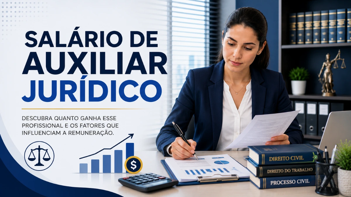 Profissional Auxiliar Jurídico analisando documentos sobre remuneração e carreira